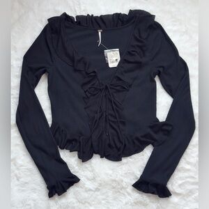 NWT Free People Ophelia Ribbed Button-Up Ruffled Long Sleeve Top